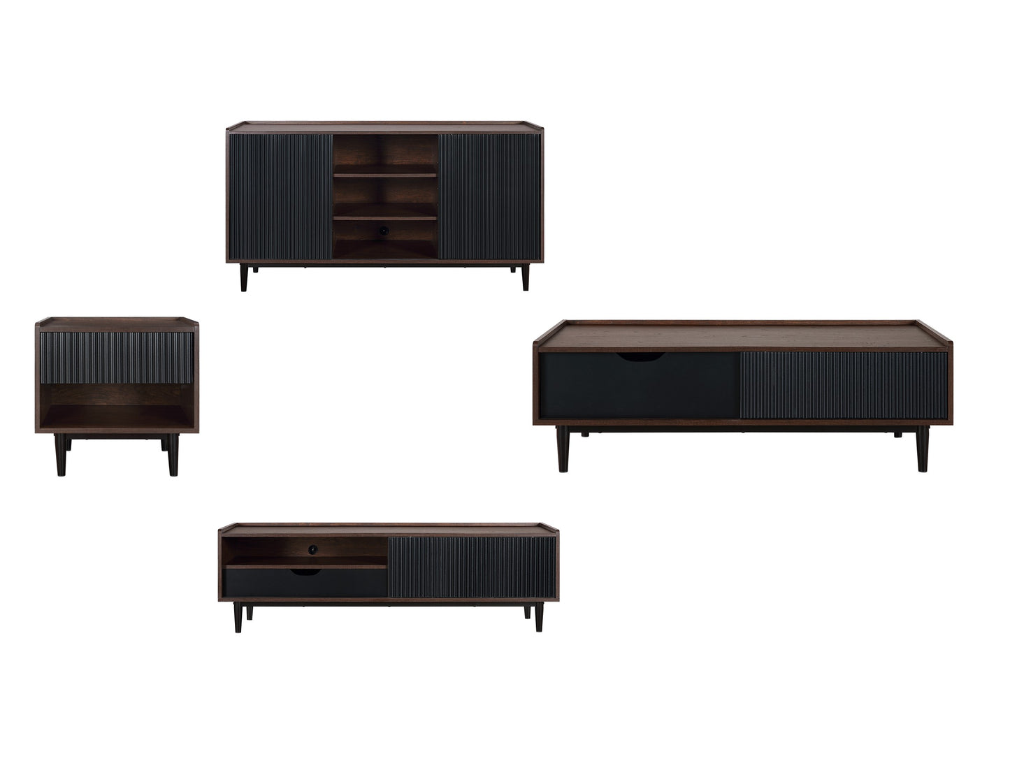 Manhattan Comfort Duane Modern Ribbed 4 Piece Living Room Set: Sideboard, TV Stand, Coffee Table, End Table in Dark Brown and Black 4-8911GLF-BK