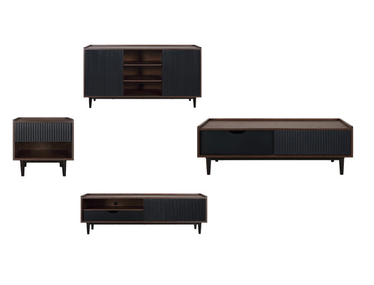 Manhattan Comfort Duane Modern Ribbed 4 Piece Living Room Set: Sideboard, TV Stand, Coffee Table, End Table in Dark Brown and Black 4-8911GLF-BK