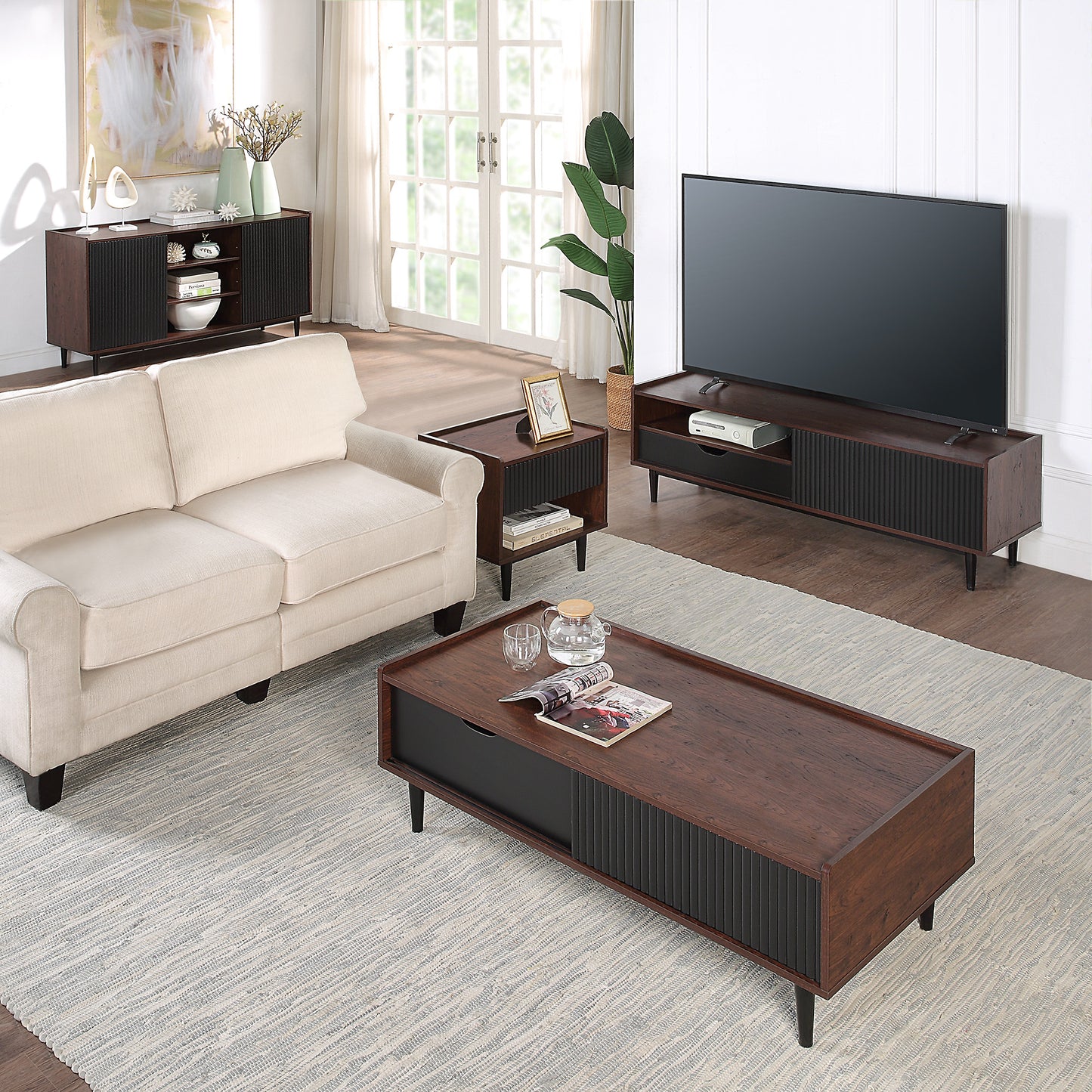 Manhattan Comfort Duane Modern Ribbed 4 Piece Living Room Set: Sideboard, TV Stand, Coffee Table, End Table in Dark Brown and Black 4-8911GLF-BK