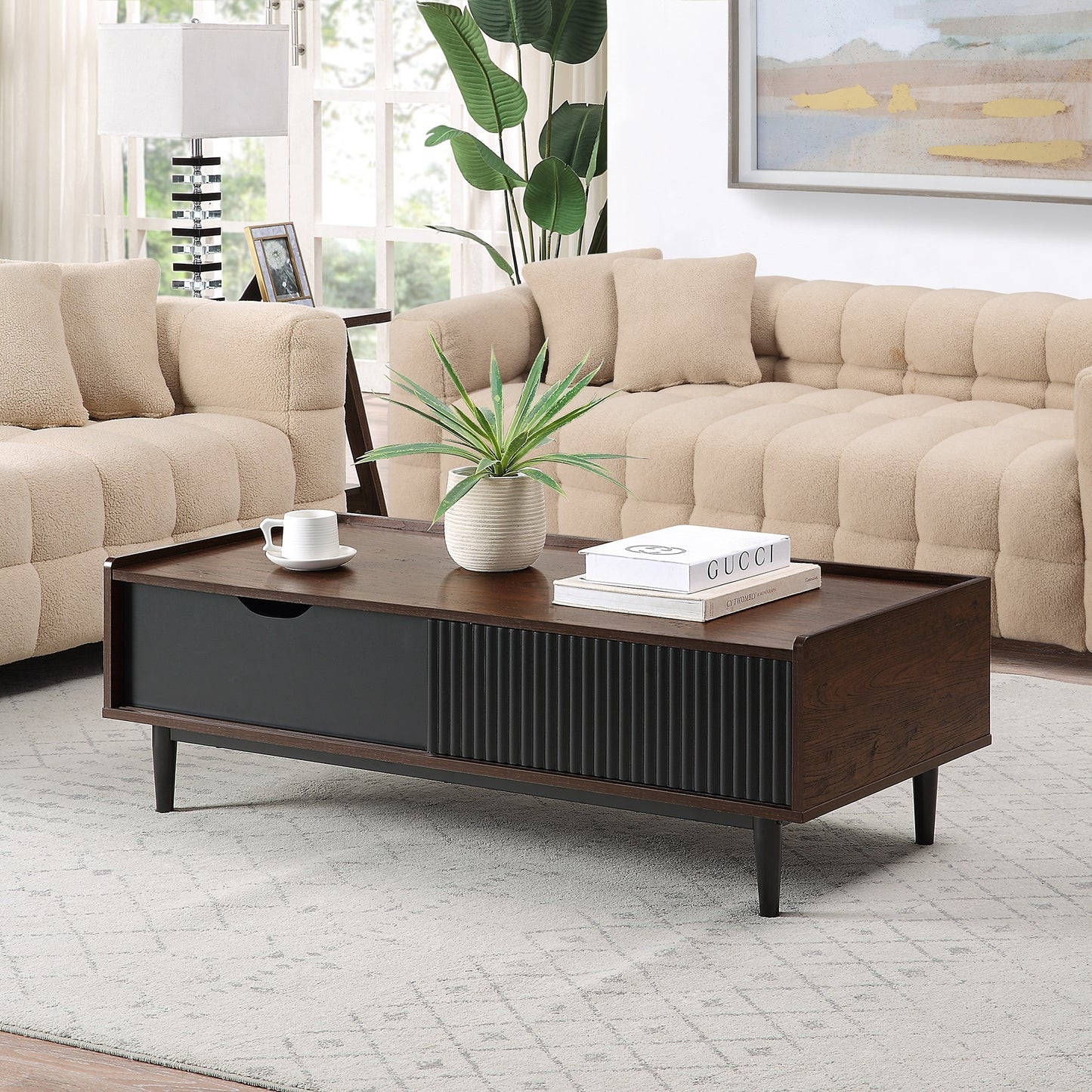 Manhattan Comfort Duane Modern Ribbed 4 Piece Living Room Set: Sideboard, TV Stand, Coffee Table, End Table in Dark Brown and Black 4-8911GLF-BK