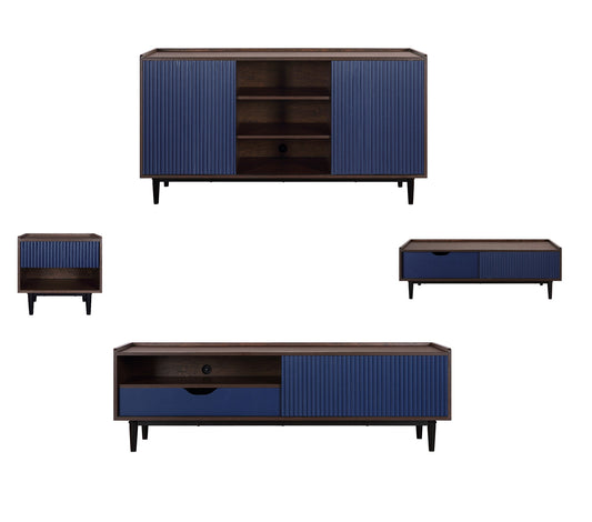 Manhattan Comfort Duane Modern Ribbed 4 Piece Living Room Set: Sideboard, TV Stand, Coffee Table, End Table in Dark Brown and Navy Blue 4-8911GLF-NB