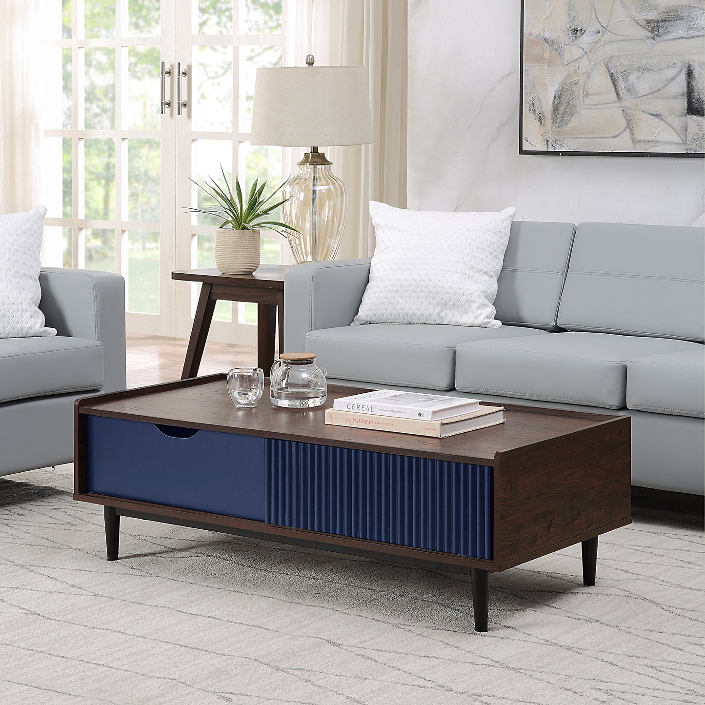 Manhattan Comfort Duane Modern Ribbed 4 Piece Living Room Set: Sideboard, TV Stand, Coffee Table, End Table in Dark Brown and Navy Blue 4-8911GLF-NB