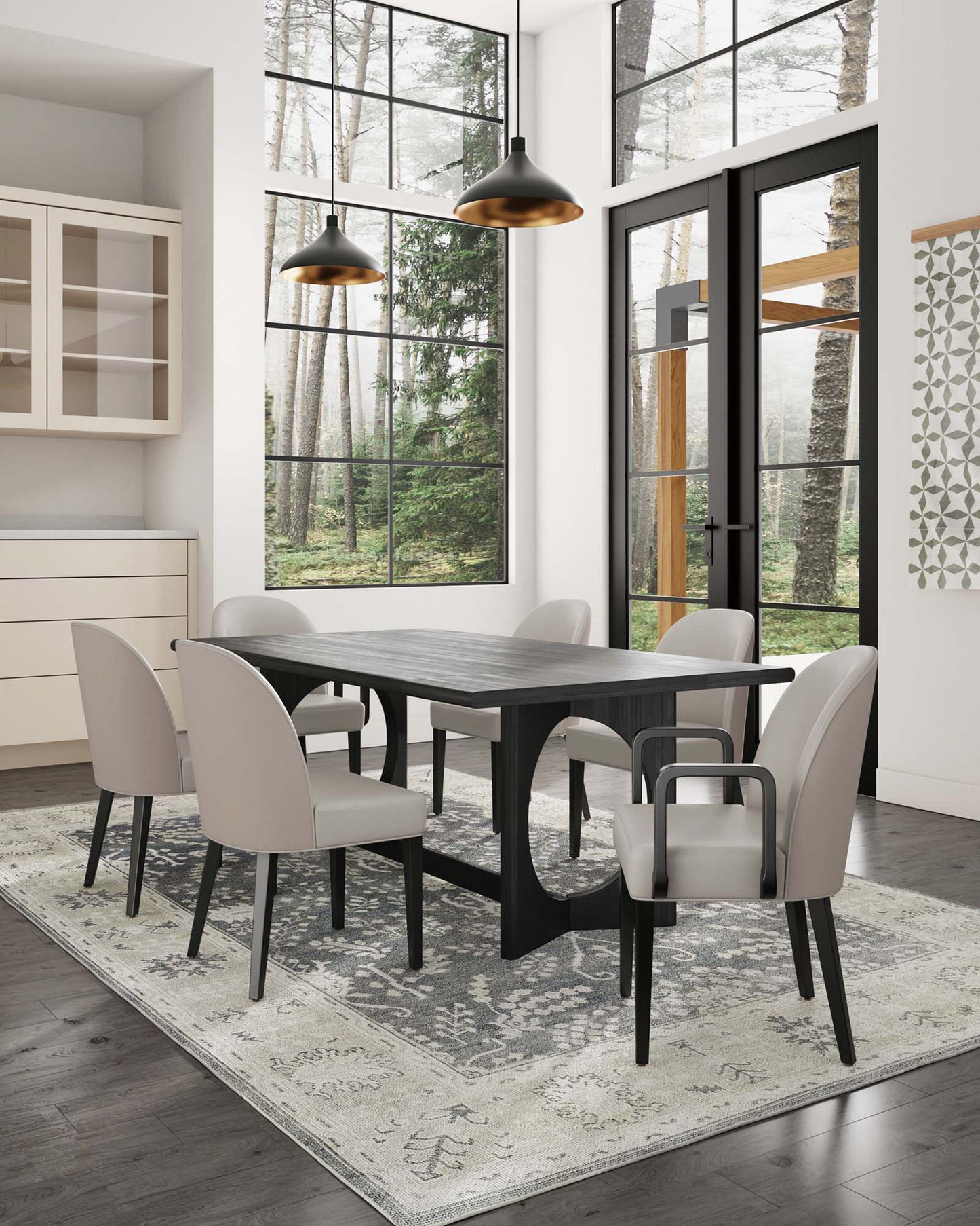 Manhattan Comfort Hillman Modern Leatherette and Velvet Upholstered Dining Side and Arm Chairs in Light Grey - Set of 6 4-DC087-LG