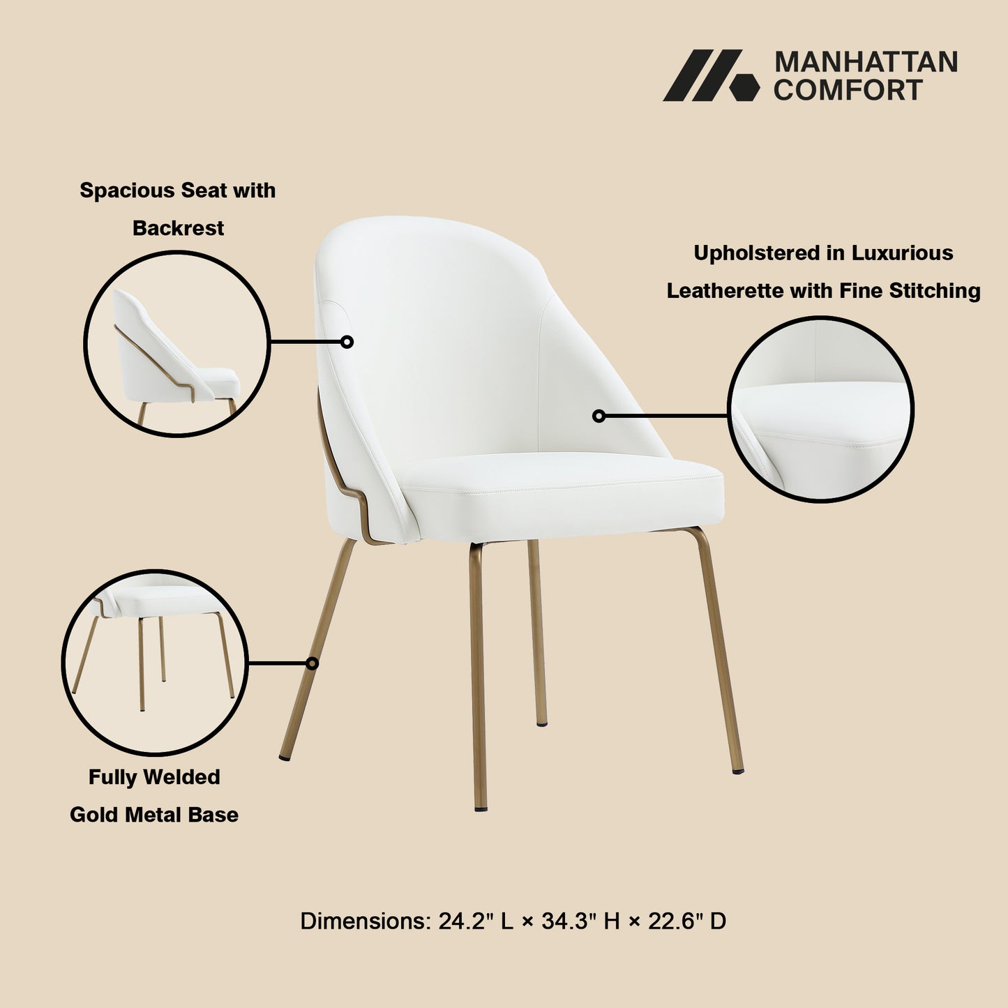Gracie Modern Metal Vegan Leather Dining Chair in White and Gold - Set of 4 4-DC100-GWH