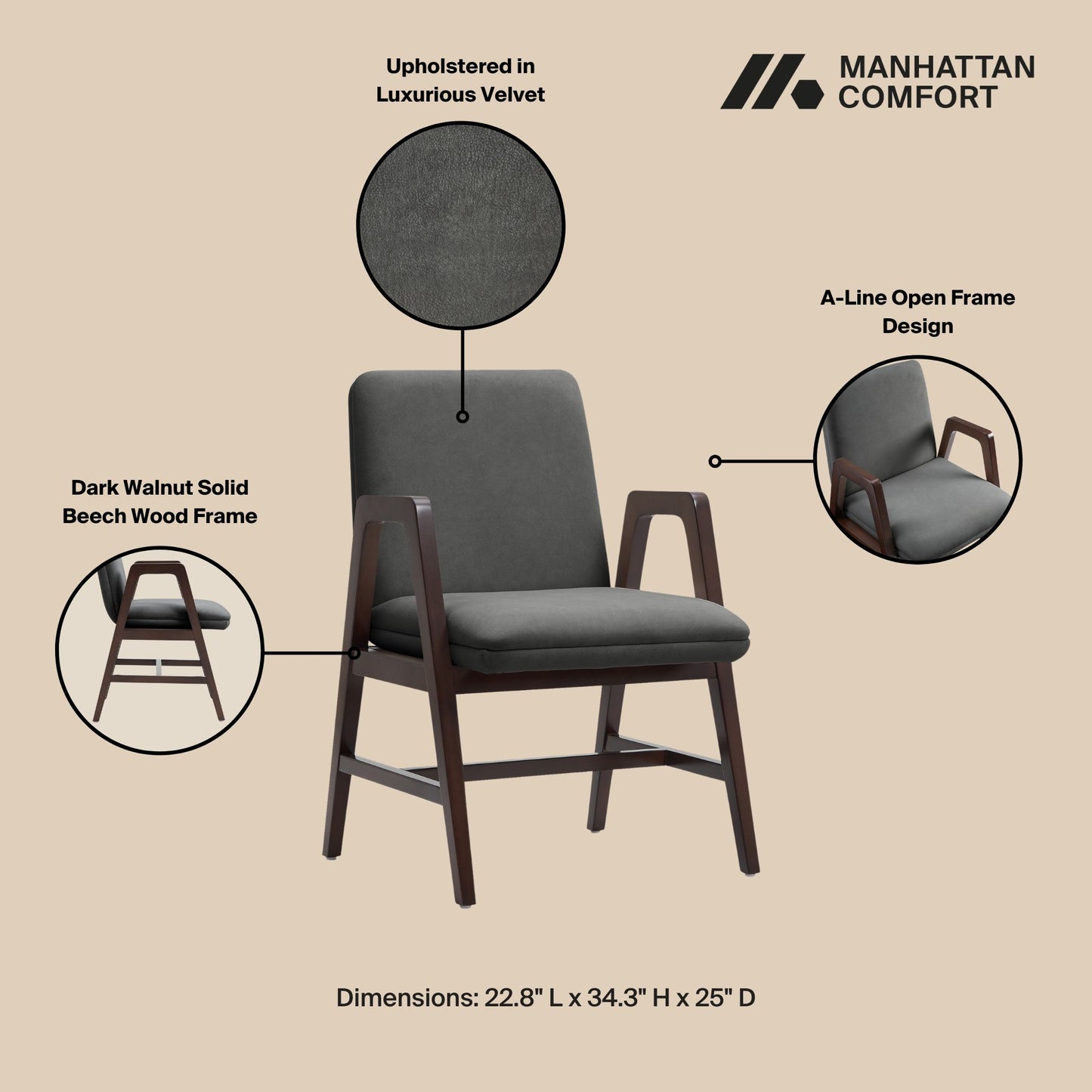 Stella Modern Wood Velvet Armchair in Graphite - Set of 4 4-DC101AR-GY