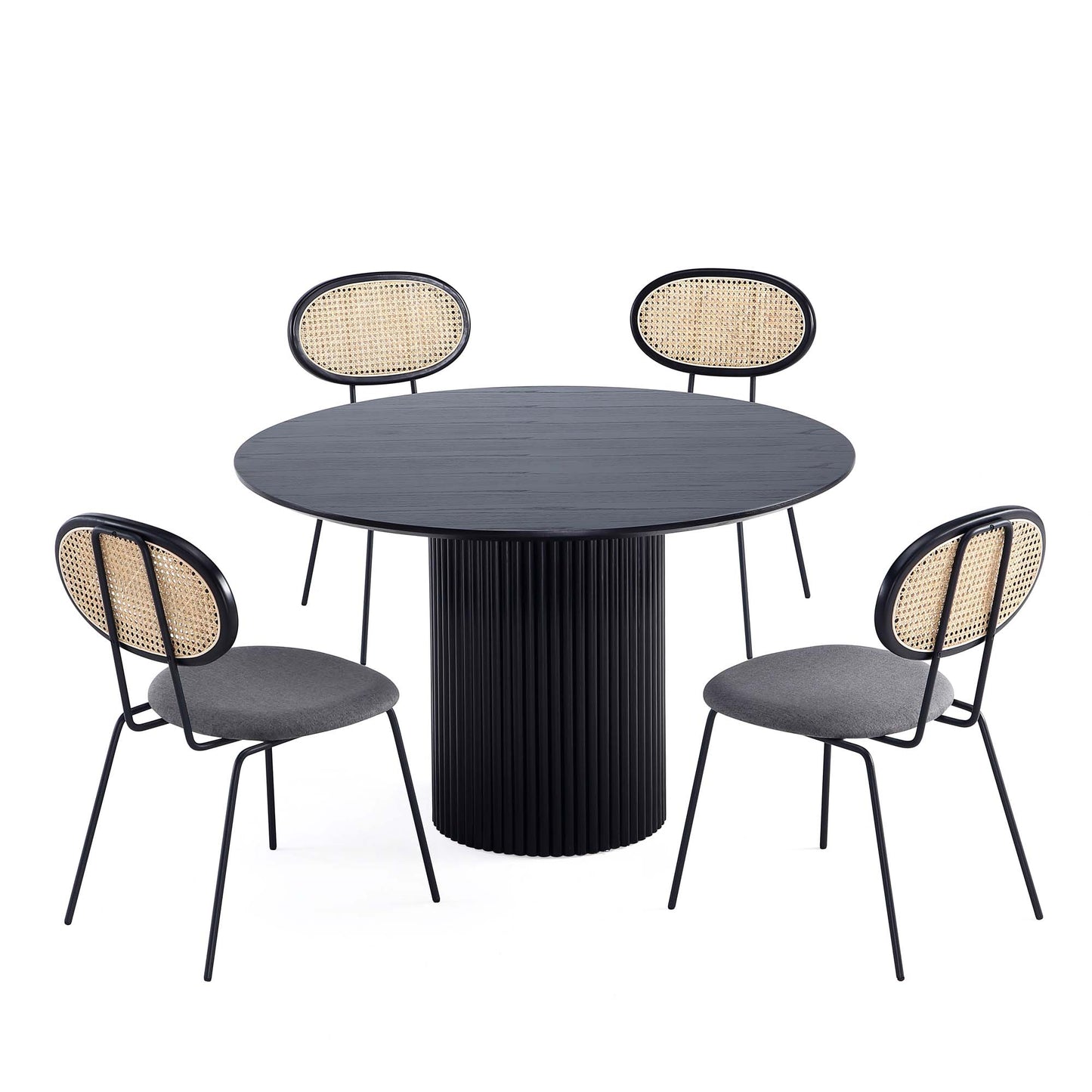 Manhattan Comfort 5-Piece Hathaway Modern 47.24 Solid Wood Round Dining Set in Black with 4 Jardin Cane Dining Chairs 4-DT03DCCA06-GY
