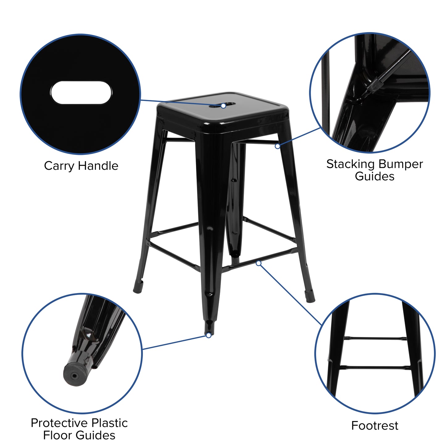 Cierra 24" High Metal Counter-Height, Indoor Bar Stool in Black - Stackable Set of 4 Black