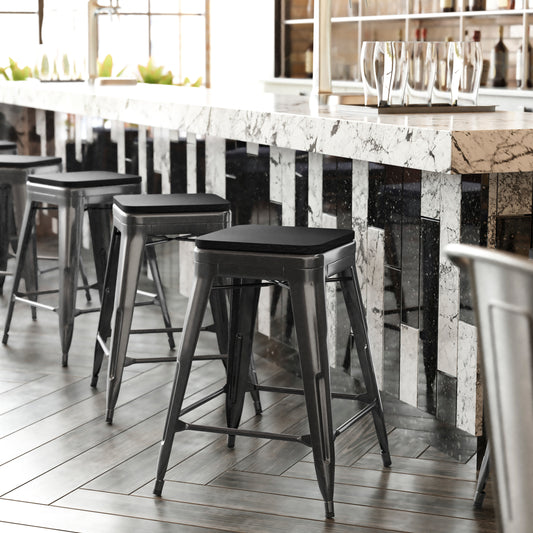 Cierra Set of 4 Commercial Grade 24" High Backless Black Metal Indoor Counter Height Stools with Black All-Weather Poly Resin Seats Black Resin Wood Seat/Black Frame