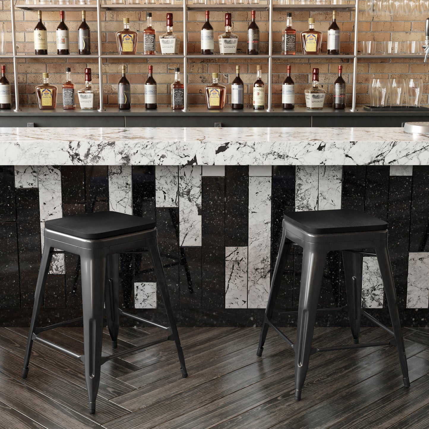 Cierra Set of 4 Commercial Grade 24" High Backless Black Metal Indoor Counter Height Stools with Black All-Weather Poly Resin Seats Black Resin Wood Seat/Black Frame