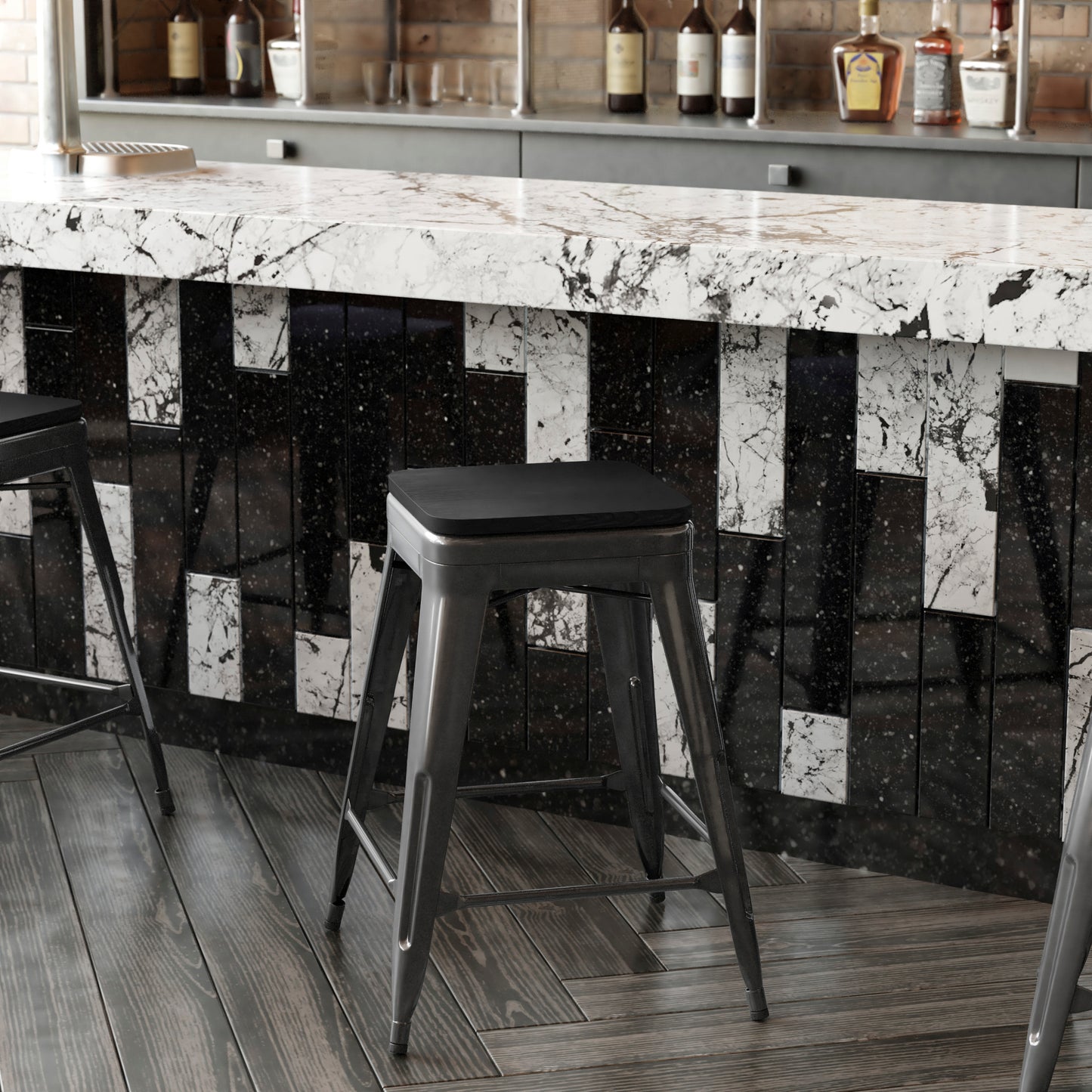 Cierra Set of 4 Commercial Grade 24" High Backless Black Metal Indoor Counter Height Stools with Black All-Weather Poly Resin Seats Black Resin Wood Seat/Black Frame