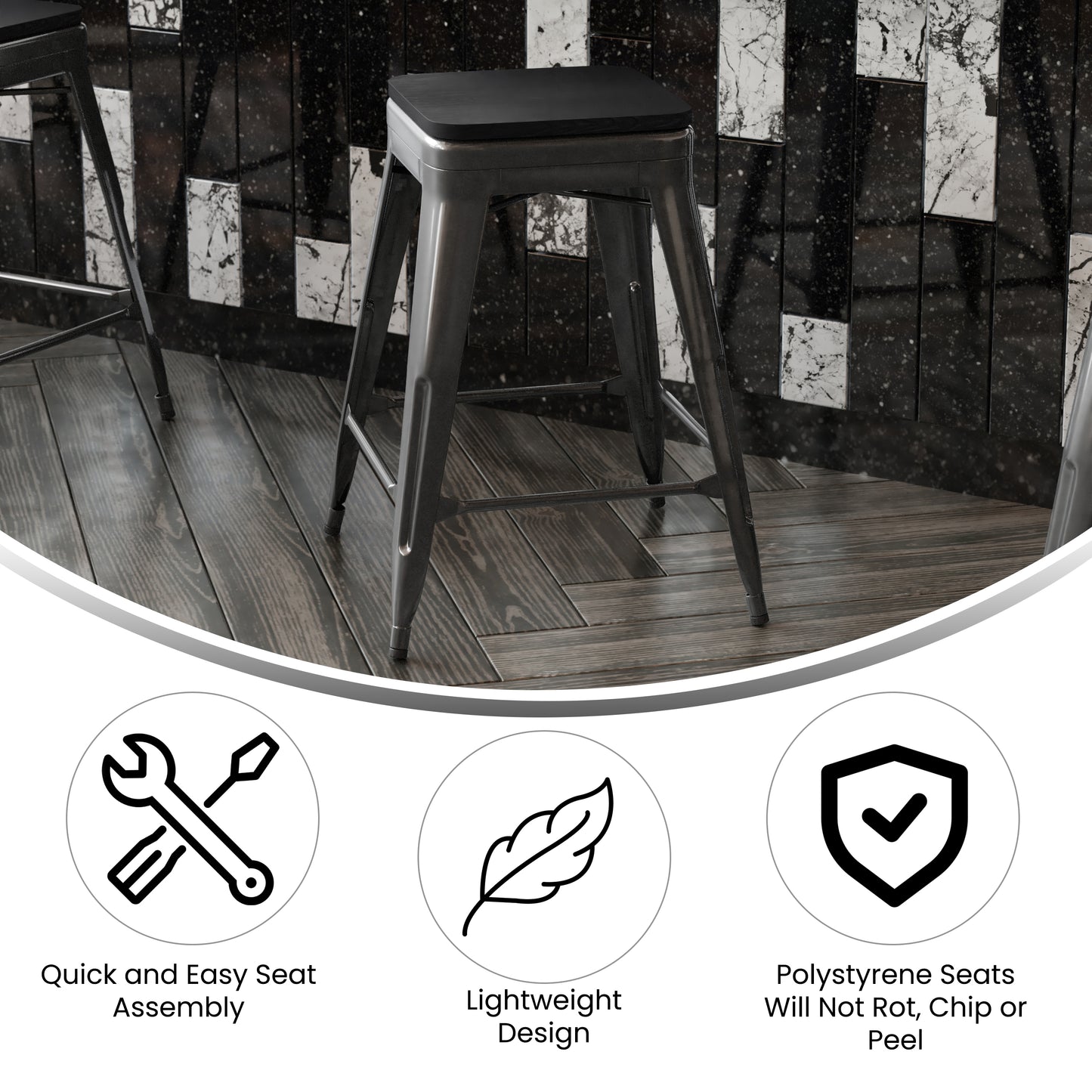 Cierra Set of 4 Commercial Grade 24" High Backless Black Metal Indoor Counter Height Stools with Black All-Weather Poly Resin Seats Black Resin Wood Seat/Black Frame
