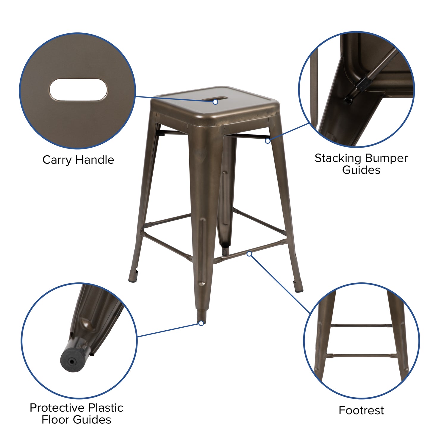Cierra 24" High Metal Counter-Height, Indoor Bar Stool in Gun Metal Gray - Stackable Set of 4 Gun Metal