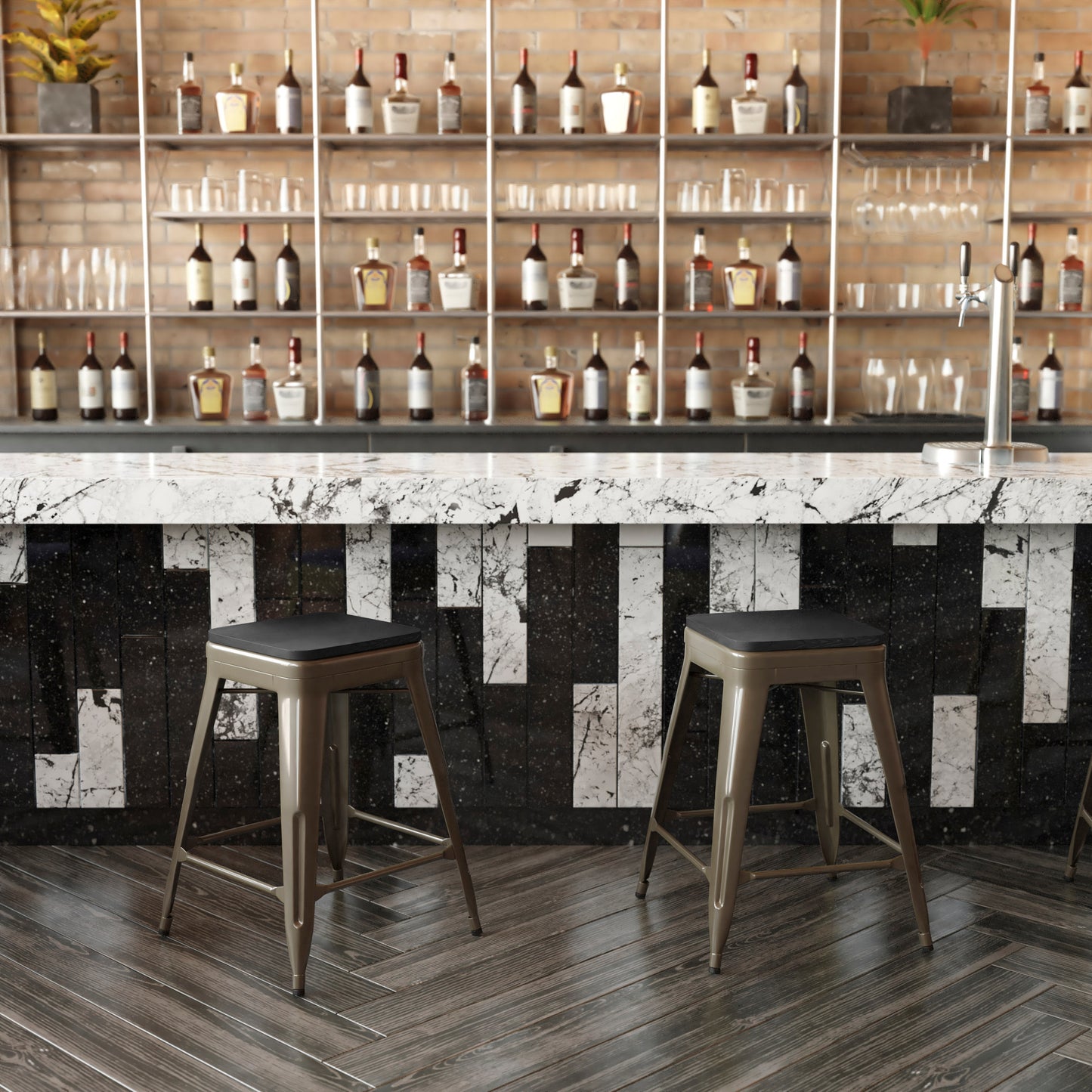Cierra Set of 4 Commercial Grade 24" High Backless Gunmetal Metal Indoor Counter Height Stools with Black All-Weather Poly Resin Seats Black Resin Wood Seat/Gun Metal Frame