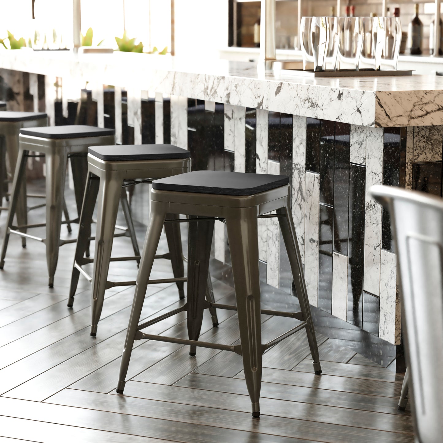 Cierra Set of 4 Commercial Grade 24" High Backless Gunmetal Metal Indoor Counter Height Stools with Black All-Weather Poly Resin Seats Black Resin Wood Seat/Gun Metal Frame