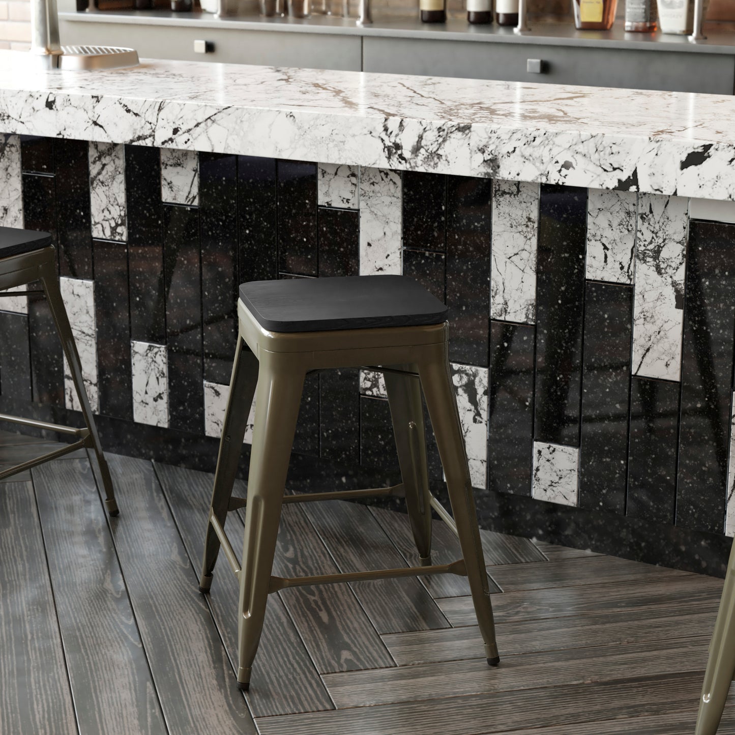 Cierra Set of 4 Commercial Grade 24" High Backless Gunmetal Metal Indoor Counter Height Stools with Black All-Weather Poly Resin Seats Black Resin Wood Seat/Gun Metal Frame