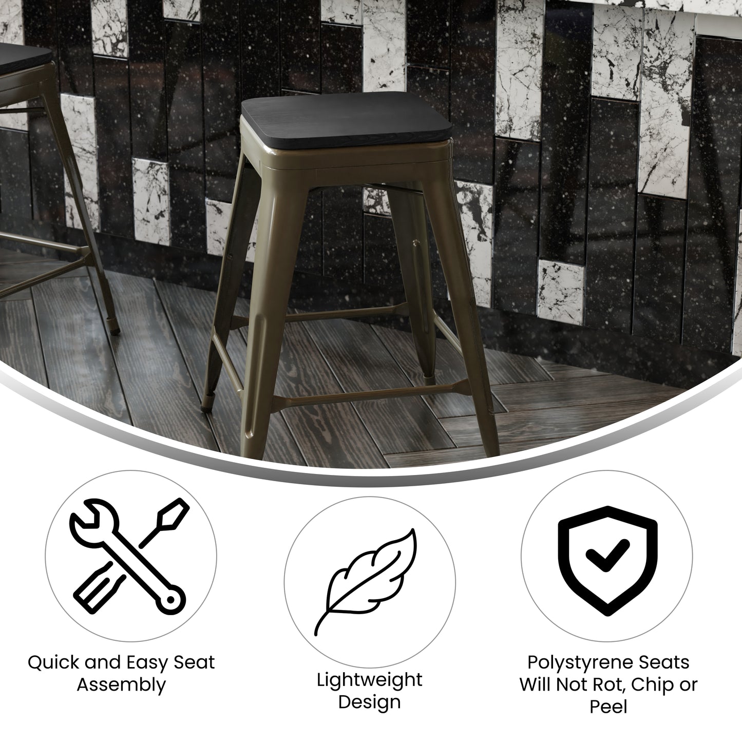 Cierra Set of 4 Commercial Grade 24" High Backless Gunmetal Metal Indoor Counter Height Stools with Black All-Weather Poly Resin Seats Black Resin Wood Seat/Gun Metal Frame