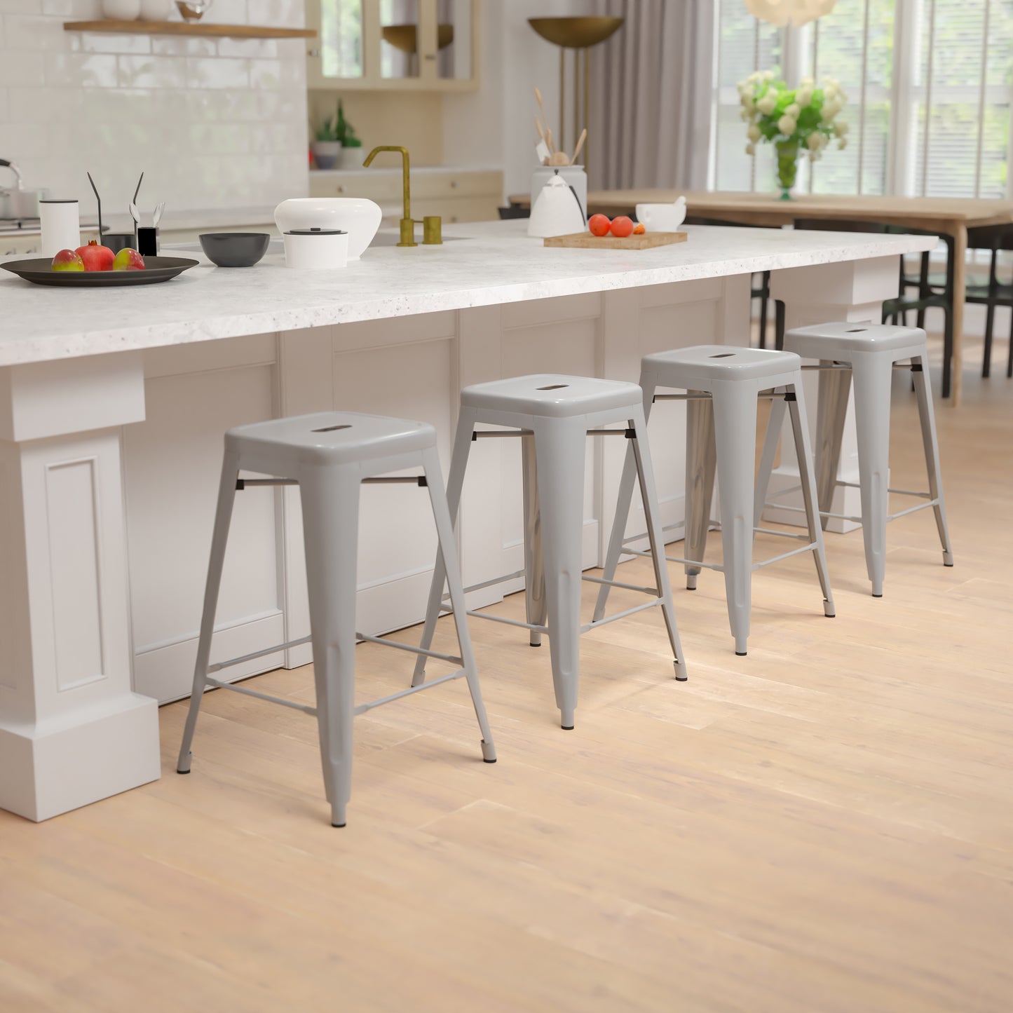 Cierra 24" High Metal Counter-Height, Indoor Bar Stool in Silver - Stackable Set of 4 Silver