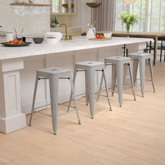 Cierra 24" High Metal Counter-Height, Indoor Bar Stool in Silver - Stackable Set of 4 Silver