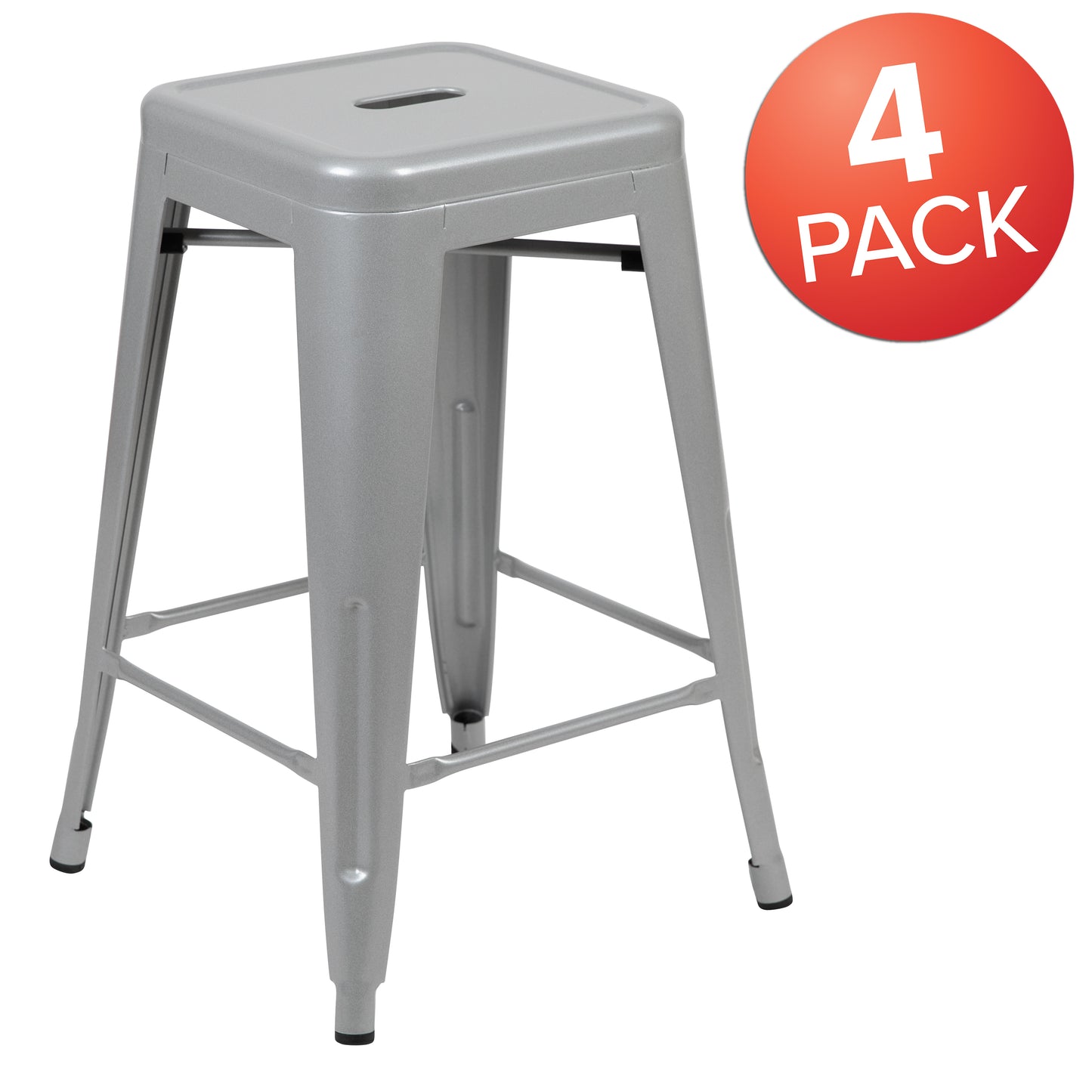Cierra 24" High Metal Counter-Height, Indoor Bar Stool in Silver - Stackable Set of 4 Silver