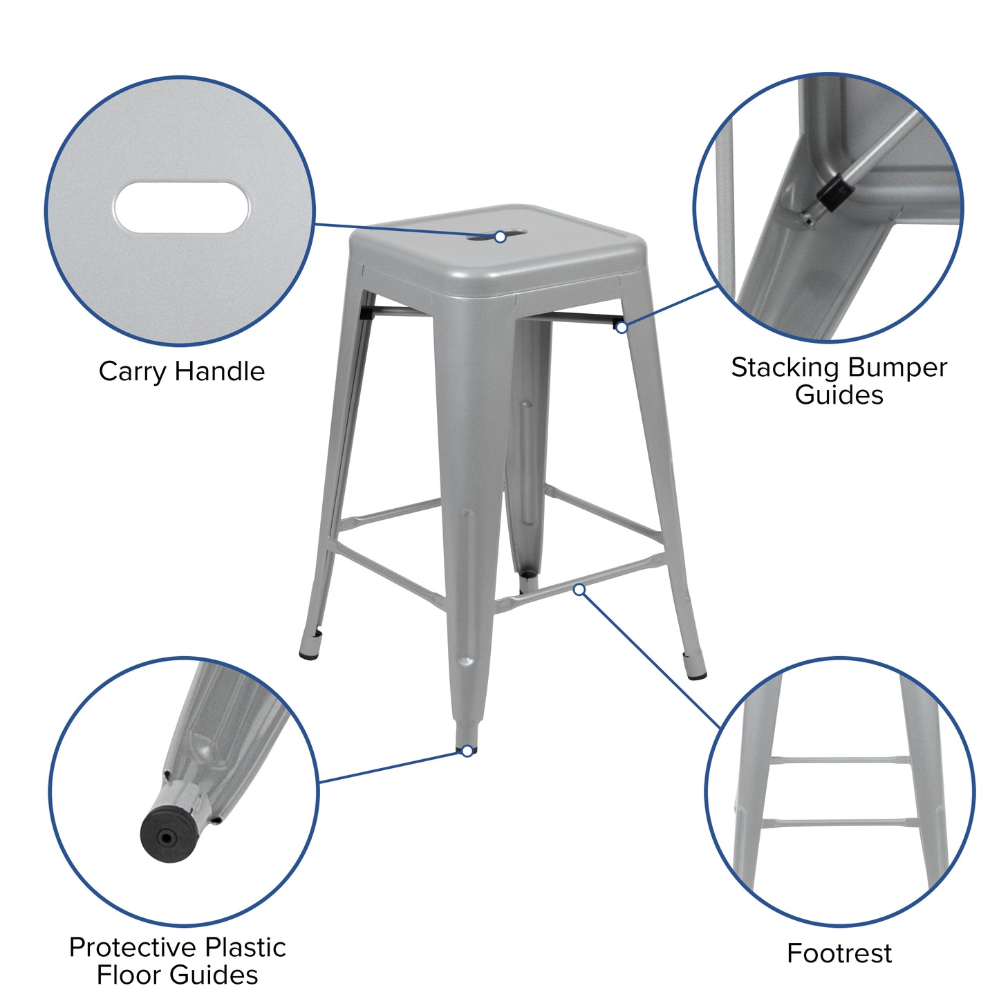 Cierra 24" High Metal Counter-Height, Indoor Bar Stool in Silver - Stackable Set of 4 Silver