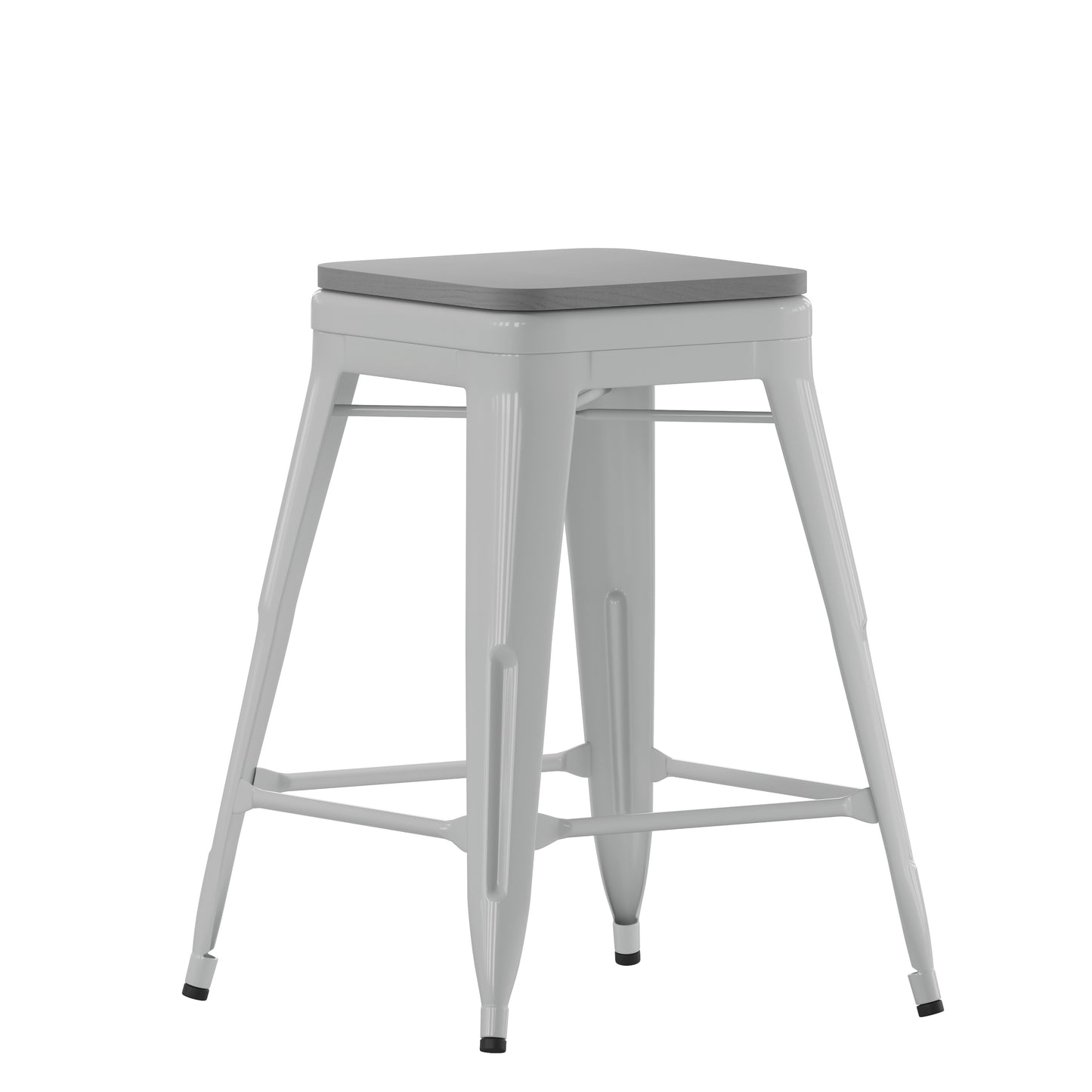 Cierra Set of 4 Commercial Grade 24" High Backless Silver Metal Indoor Counter Height Stools with Gray All-Weather Poly Resin Seats Gray Resin Wood Seat/Silver Frame