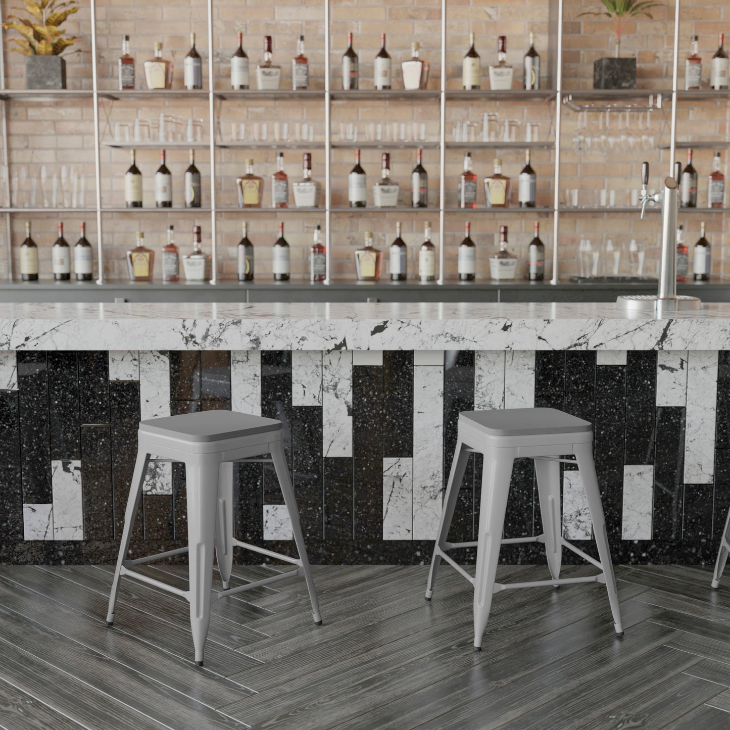 Cierra Set of 4 Commercial Grade 24" High Backless Silver Metal Indoor Counter Height Stools with Gray All-Weather Poly Resin Seats Gray Resin Wood Seat/Silver Frame