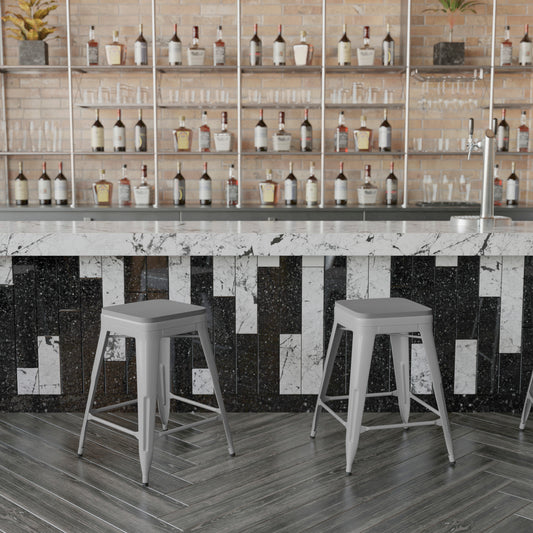 Cierra Set of 4 Commercial Grade 24" High Backless Silver Metal Indoor Counter Height Stools with Gray All-Weather Poly Resin Seats Gray Resin Wood Seat/Silver Frame