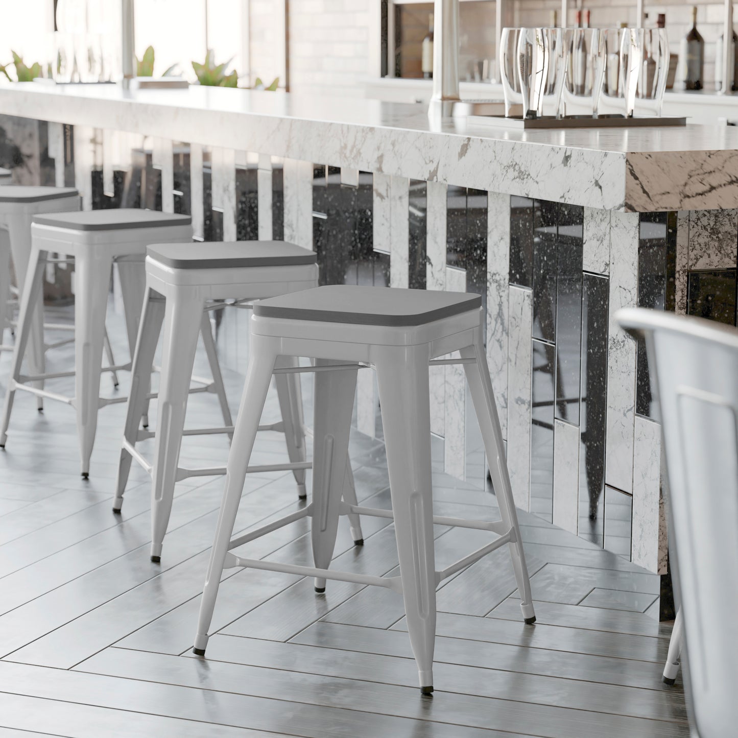 Cierra Set of 4 Commercial Grade 24" High Backless Silver Metal Indoor Counter Height Stools with Gray All-Weather Poly Resin Seats Gray Resin Wood Seat/Silver Frame