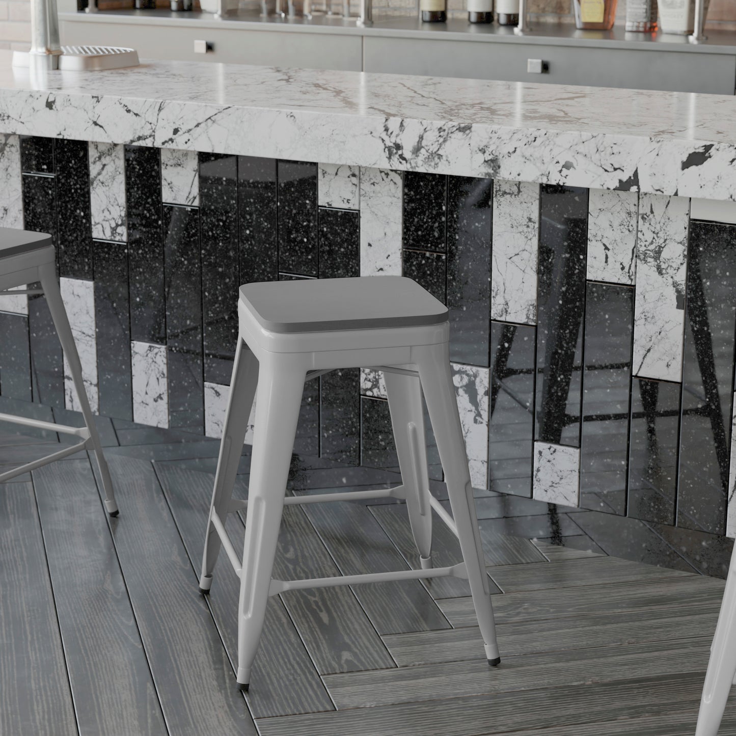 Cierra Set of 4 Commercial Grade 24" High Backless Silver Metal Indoor Counter Height Stools with Gray All-Weather Poly Resin Seats Gray Resin Wood Seat/Silver Frame