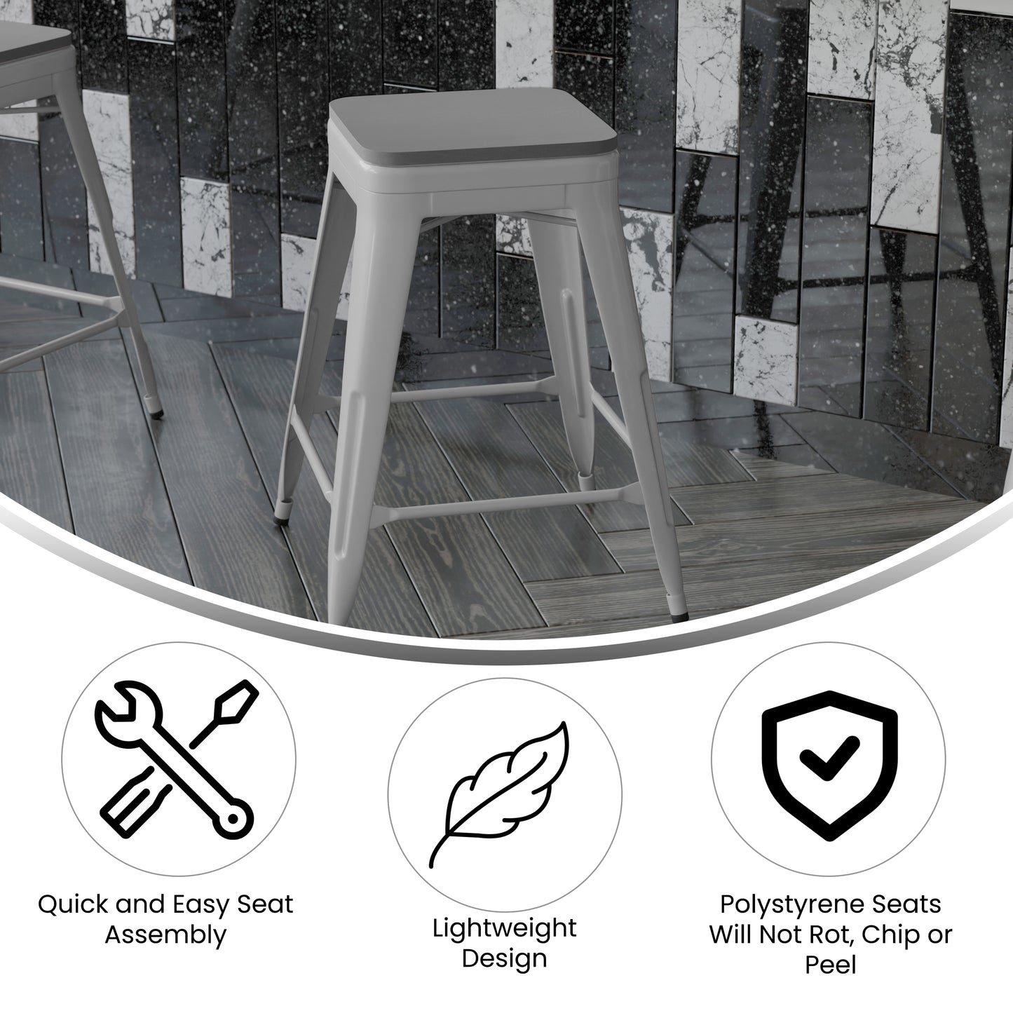 Cierra Set of 4 Commercial Grade 24" High Backless Silver Metal Indoor Counter Height Stools with Gray All-Weather Poly Resin Seats Gray Resin Wood Seat/Silver Frame