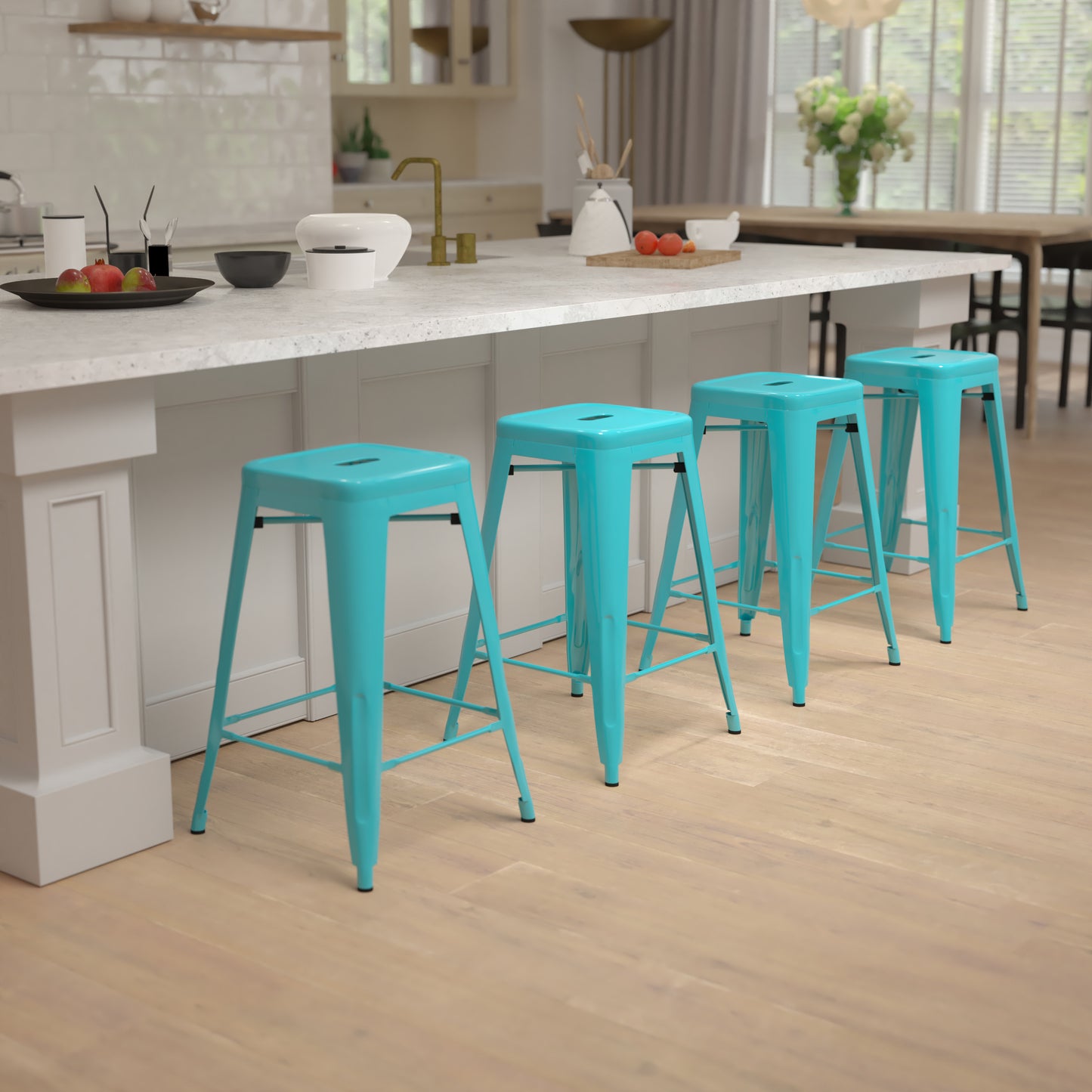 Cierra 24" High Metal Counter-Height, Indoor Bar Stool in Teal - Stackable Set of 4 Teal
