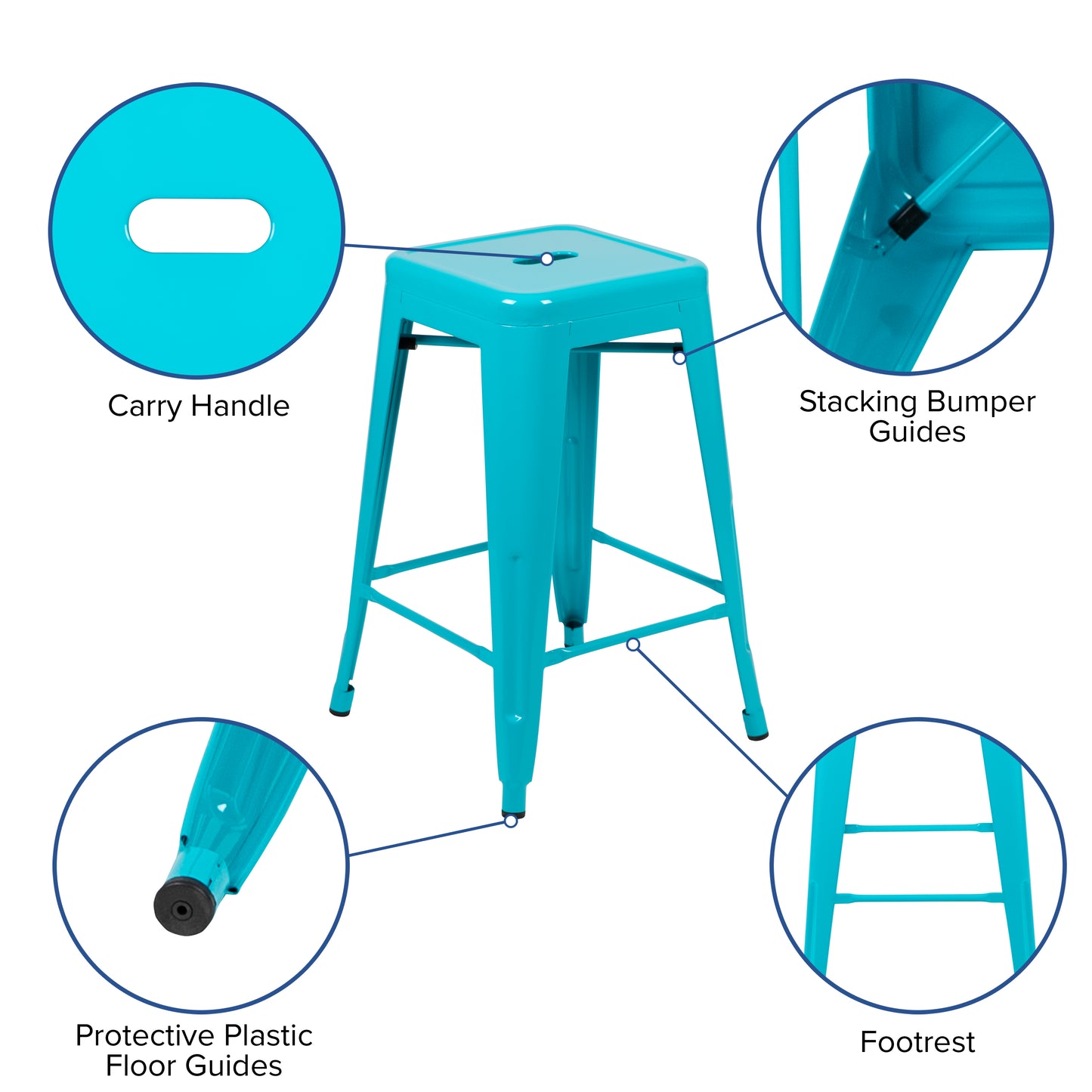 Cierra 24" High Metal Counter-Height, Indoor Bar Stool in Teal - Stackable Set of 4 Teal