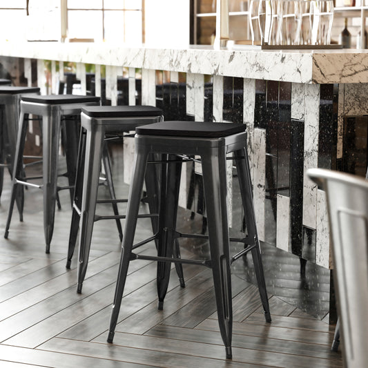 Cierra Set of 4 Commercial Grade 30" High Backless Black Metal Indoor Bar Height Stools with Black All-Weather Poly Resin Seats Black Resin Wood Seat/Black Frame