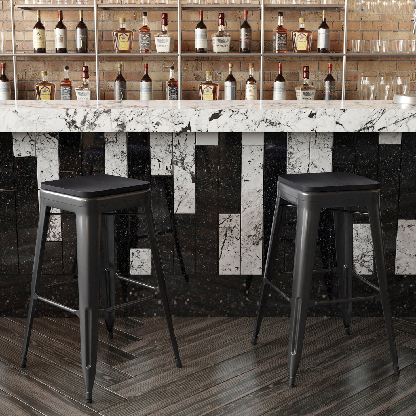 Cierra Set of 4 Commercial Grade 30" High Backless Black Metal Indoor Bar Height Stools with Black All-Weather Poly Resin Seats Black Resin Wood Seat/Black Frame