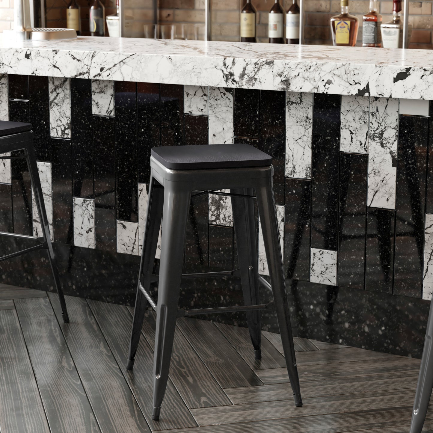 Cierra Set of 4 Commercial Grade 30" High Backless Black Metal Indoor Bar Height Stools with Black All-Weather Poly Resin Seats Black Resin Wood Seat/Black Frame