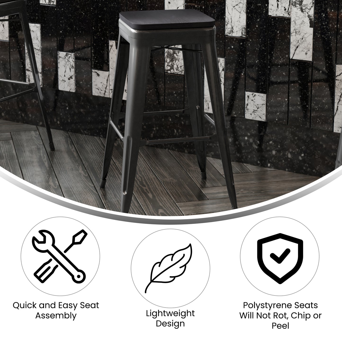 Cierra Set of 4 Commercial Grade 30" High Backless Black Metal Indoor Bar Height Stools with Black All-Weather Poly Resin Seats Black Resin Wood Seat/Black Frame