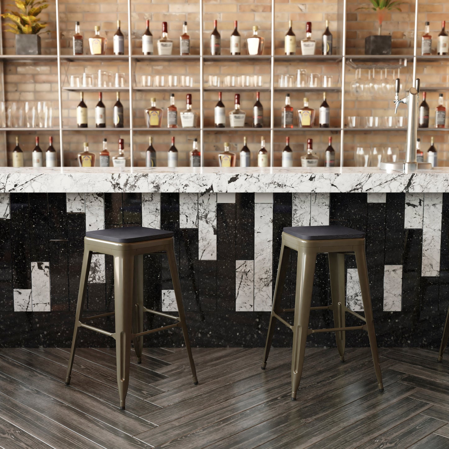 Cierra Set of 4 Commercial Grade 30" High Backless Gunmetal Metal Indoor Bar Height Stools with Black All-Weather Poly Resin Seats Black Resin Wood Seat/Gun Metal Frame