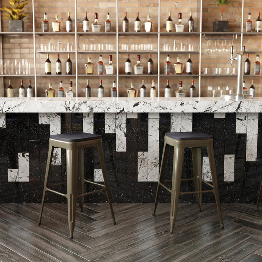 Cierra Set of 4 Commercial Grade 30" High Backless Gunmetal Metal Indoor Bar Height Stools with Black All-Weather Poly Resin Seats Black Resin Wood Seat/Gun Metal Frame