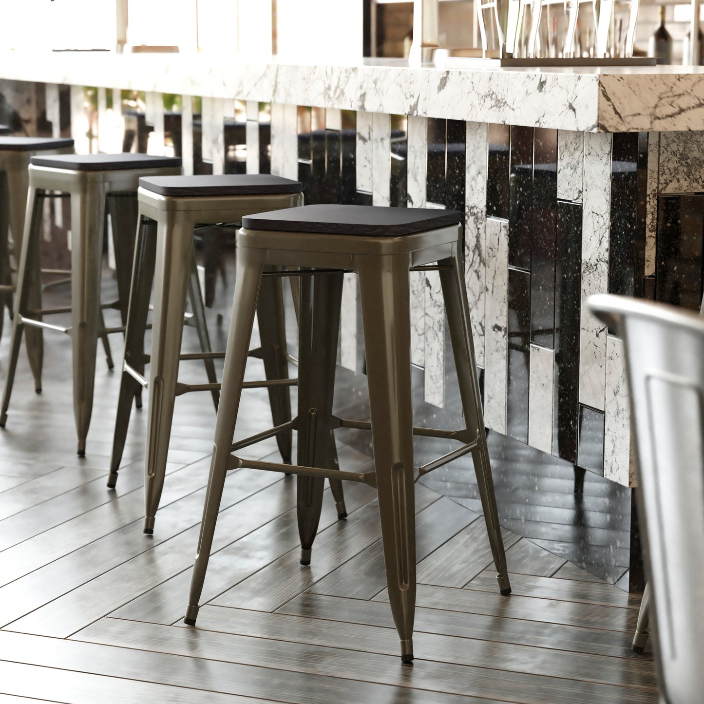 Cierra Set of 4 Commercial Grade 30" High Backless Gunmetal Metal Indoor Bar Height Stools with Black All-Weather Poly Resin Seats Black Resin Wood Seat/Gun Metal Frame