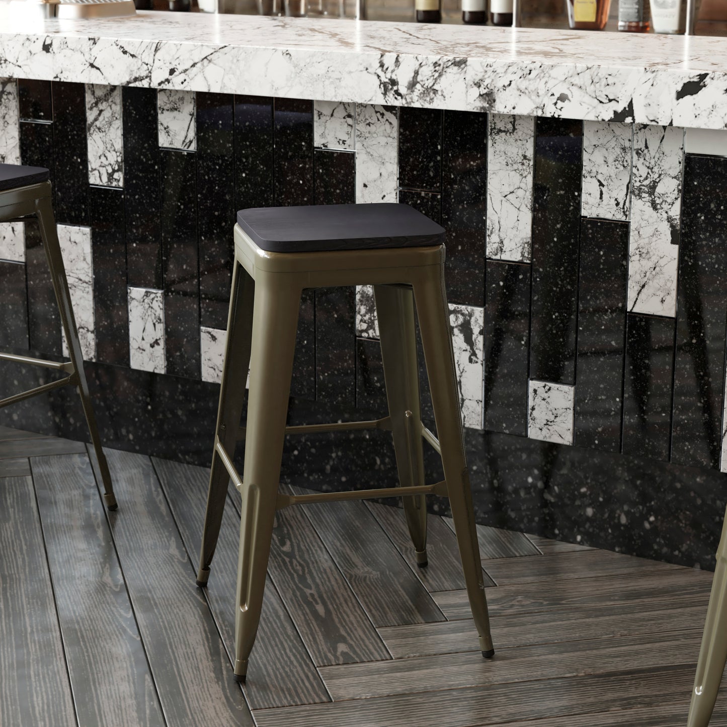 Cierra Set of 4 Commercial Grade 30" High Backless Gunmetal Metal Indoor Bar Height Stools with Black All-Weather Poly Resin Seats Black Resin Wood Seat/Gun Metal Frame