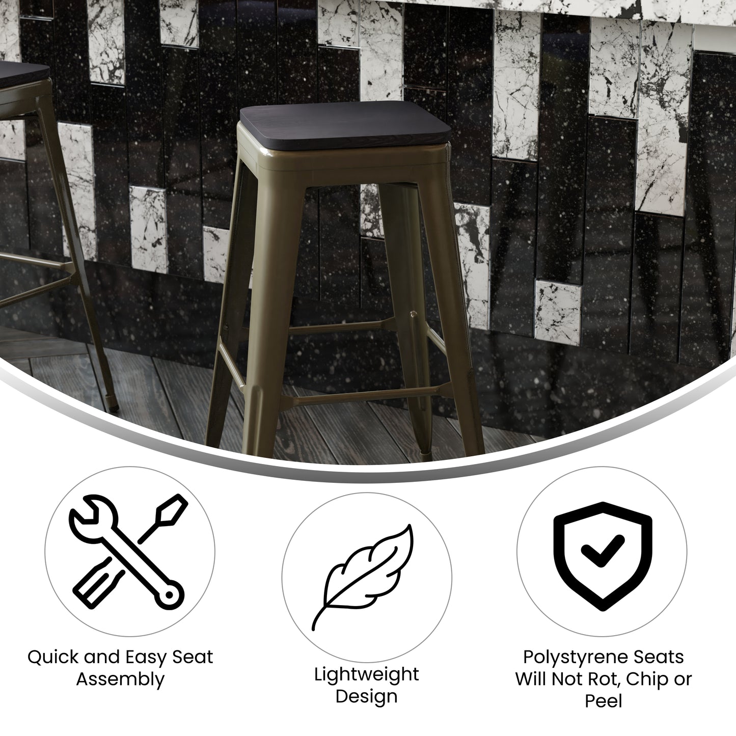 Cierra Set of 4 Commercial Grade 30" High Backless Gunmetal Metal Indoor Bar Height Stools with Black All-Weather Poly Resin Seats Black Resin Wood Seat/Gun Metal Frame