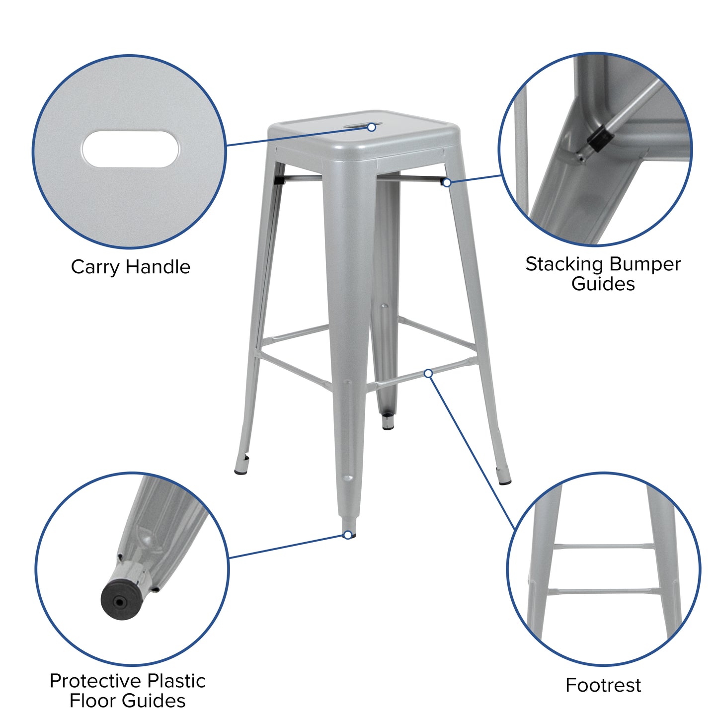 Cierra 30" High Metal Indoor Bar Stool in Silver - Stackable Set of 4 Silver 4-ET-31320-30-SV-R-GG