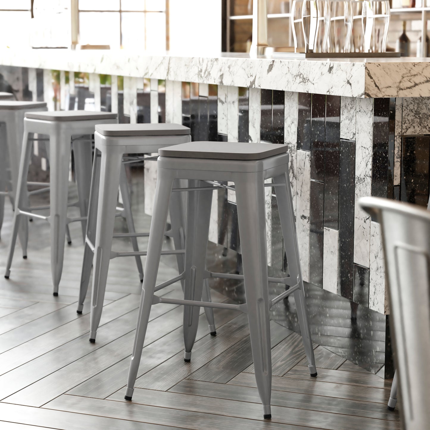 Cierra Set of 4 Commercial Grade 30" High Backless Silver Metal Indoor Bar Height Stools with Gray All-Weather Poly Resin Seats Gray Resin Wood Seat/Silver Frame