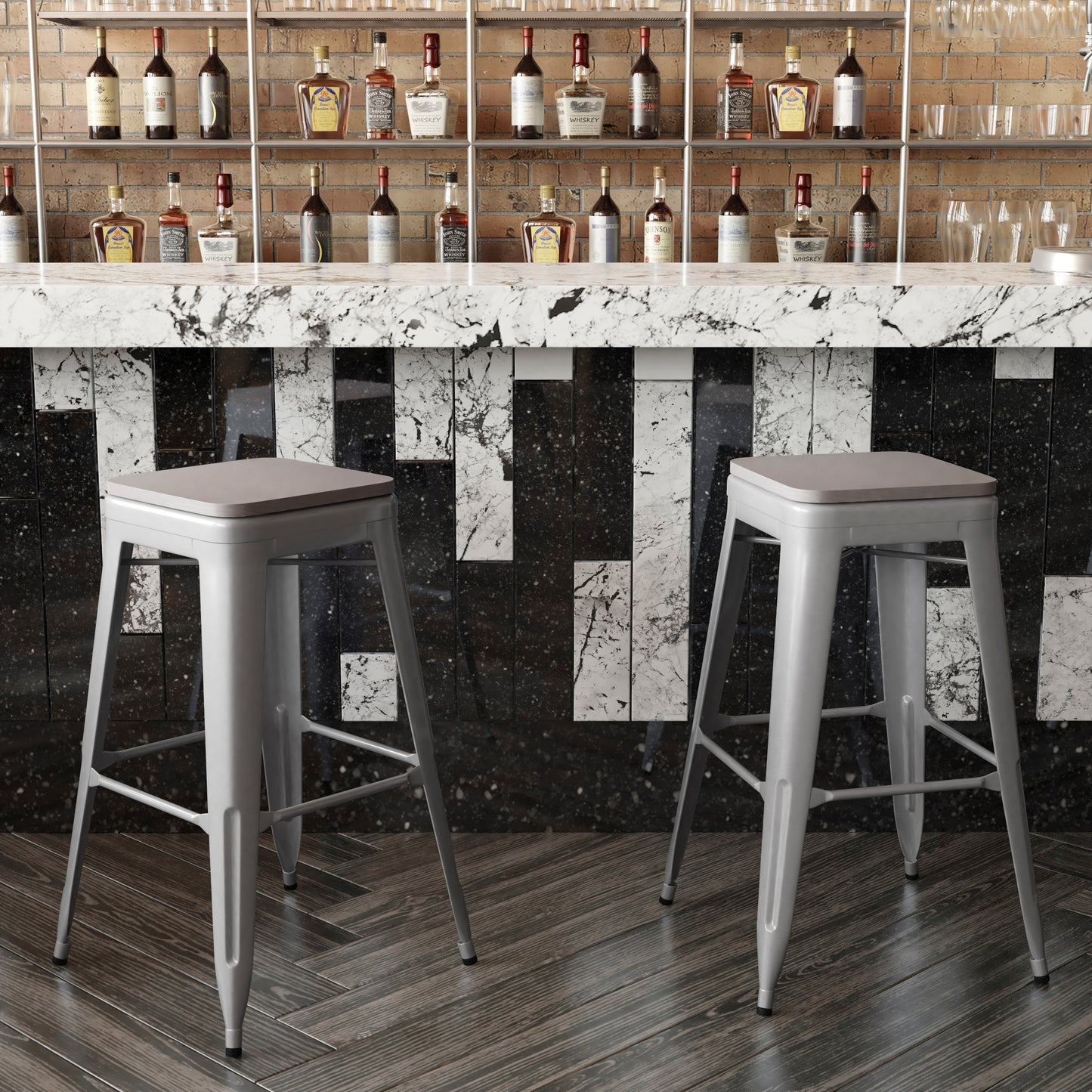 Cierra Set of 4 Commercial Grade 30" High Backless Silver Metal Indoor Bar Height Stools with Gray All-Weather Poly Resin Seats Gray Resin Wood Seat/Silver Frame