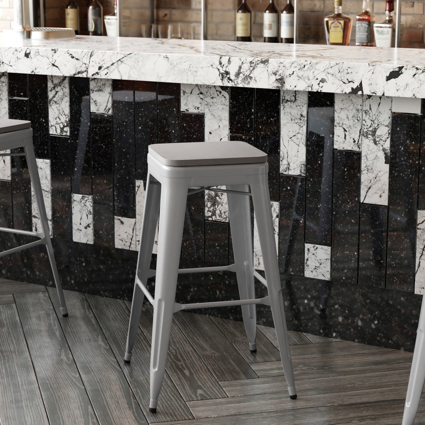 Cierra Set of 4 Commercial Grade 30" High Backless Silver Metal Indoor Bar Height Stools with Gray All-Weather Poly Resin Seats Gray Resin Wood Seat/Silver Frame