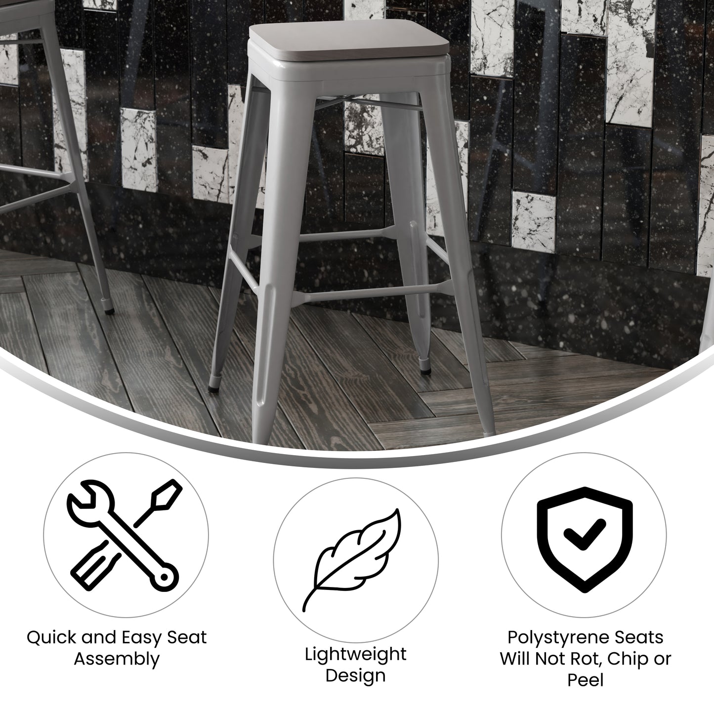 Cierra Set of 4 Commercial Grade 30" High Backless Silver Metal Indoor Bar Height Stools with Gray All-Weather Poly Resin Seats Gray Resin Wood Seat/Silver Frame