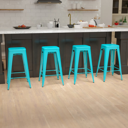 Cierra 30" High Metal Indoor Bar Stool in Teal - Stackable Set of 4 Teal