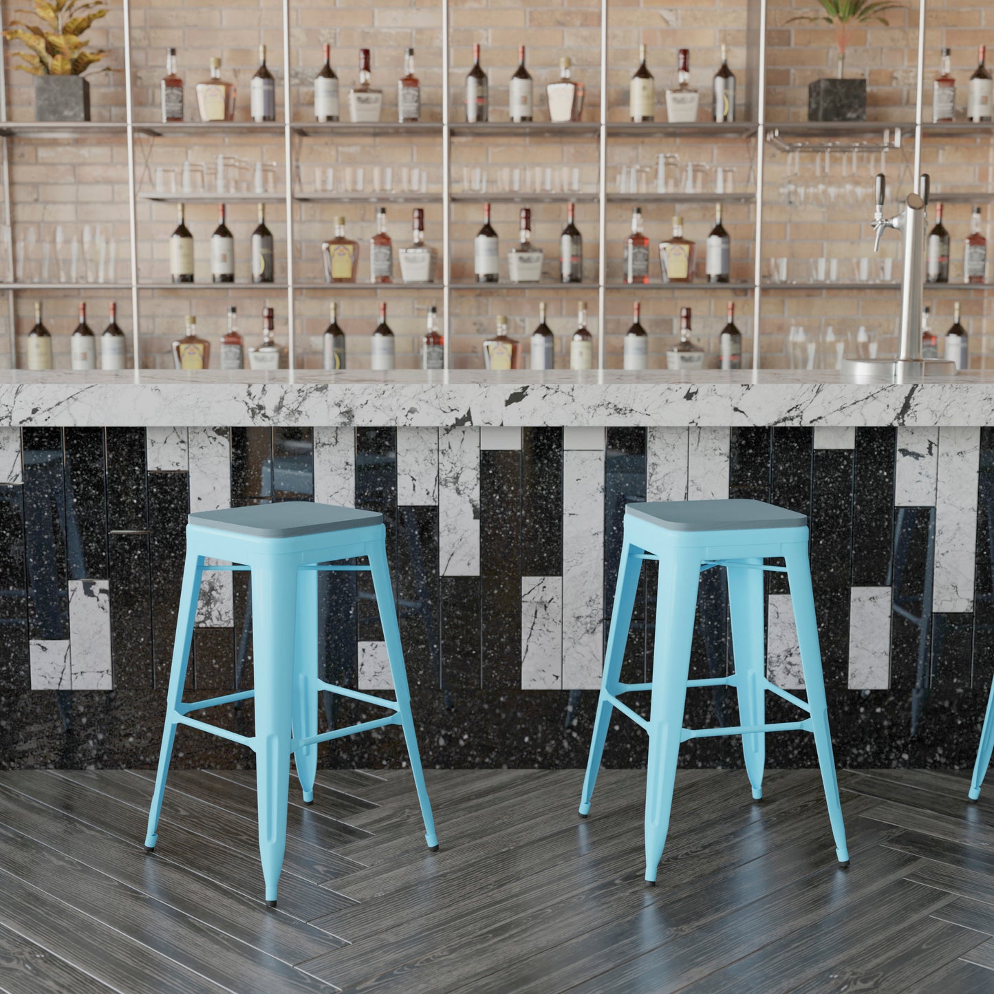 Cierra Set of 4 Commercial Grade 30" High Backless Teal Metal Indoor Bar Height Stools with Teal-Blue All-Weather Poly Resin Seats Teal-Blue Resin Wood Seat/Teal Frame