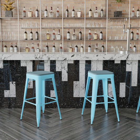 Cierra Set of 4 Commercial Grade 30" High Backless Teal Metal Indoor Bar Height Stools with Teal-Blue All-Weather Poly Resin Seats Teal-Blue Resin Wood Seat/Teal Frame
