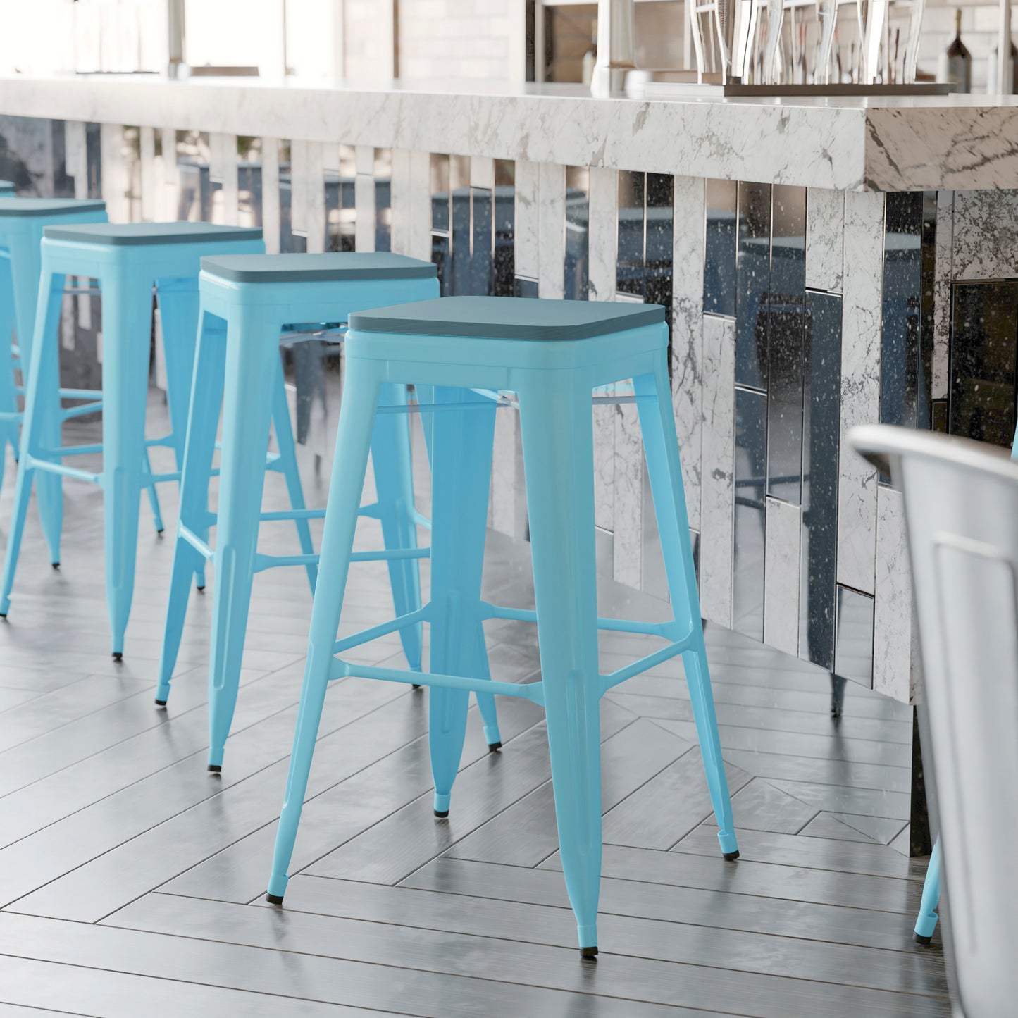 Cierra Set of 4 Commercial Grade 30" High Backless Teal Metal Indoor Bar Height Stools with Teal-Blue All-Weather Poly Resin Seats Teal-Blue Resin Wood Seat/Teal Frame